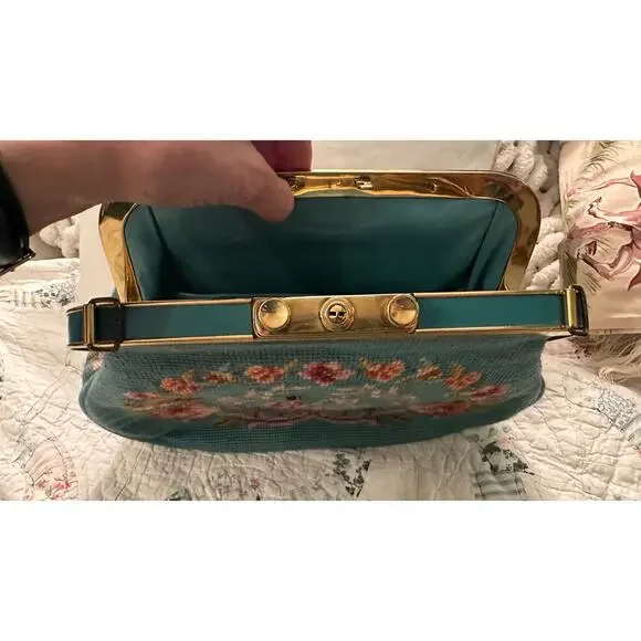 SHOWPIECE! NEVER USED VINTAGE 50's TEAL NEEDLEPOINT & PETITPOINT LEATHER BAG - Picture 12 of 14